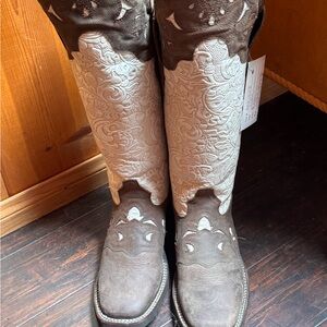 Women’s Two-Tone Embossed Heeled Cowboy Boots - Brown & Cream